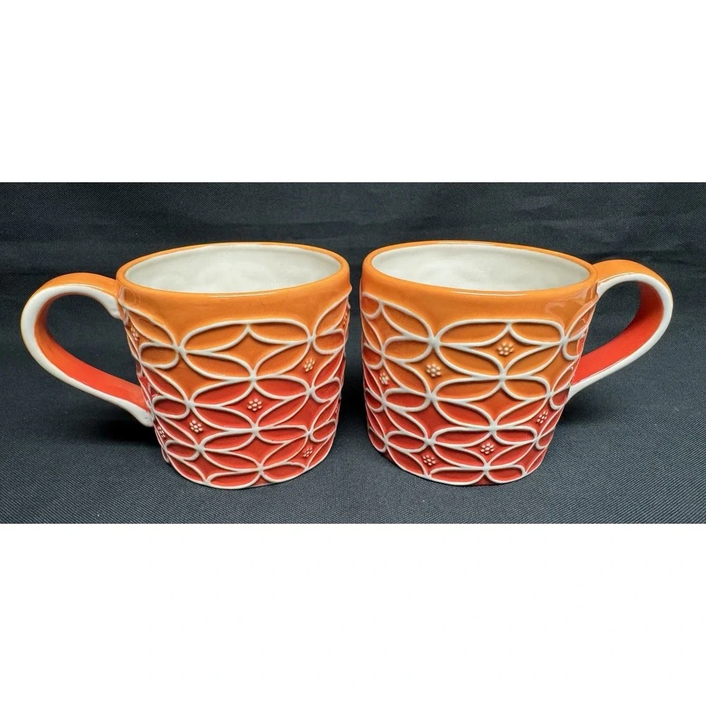 2009 Starbucks 14oz Hand Painted Orange To Red Ombré Coffe Mugs Set Of 2